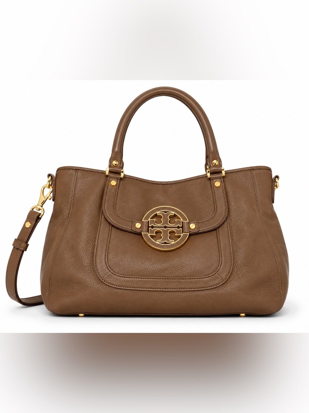Tory Burch Brown Leather Shoulder Tote with Gold Logo CT